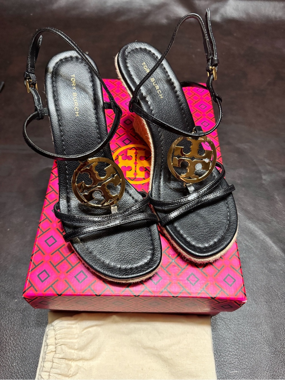Tory Burch Black Leather Gold Logo Sling Sandals